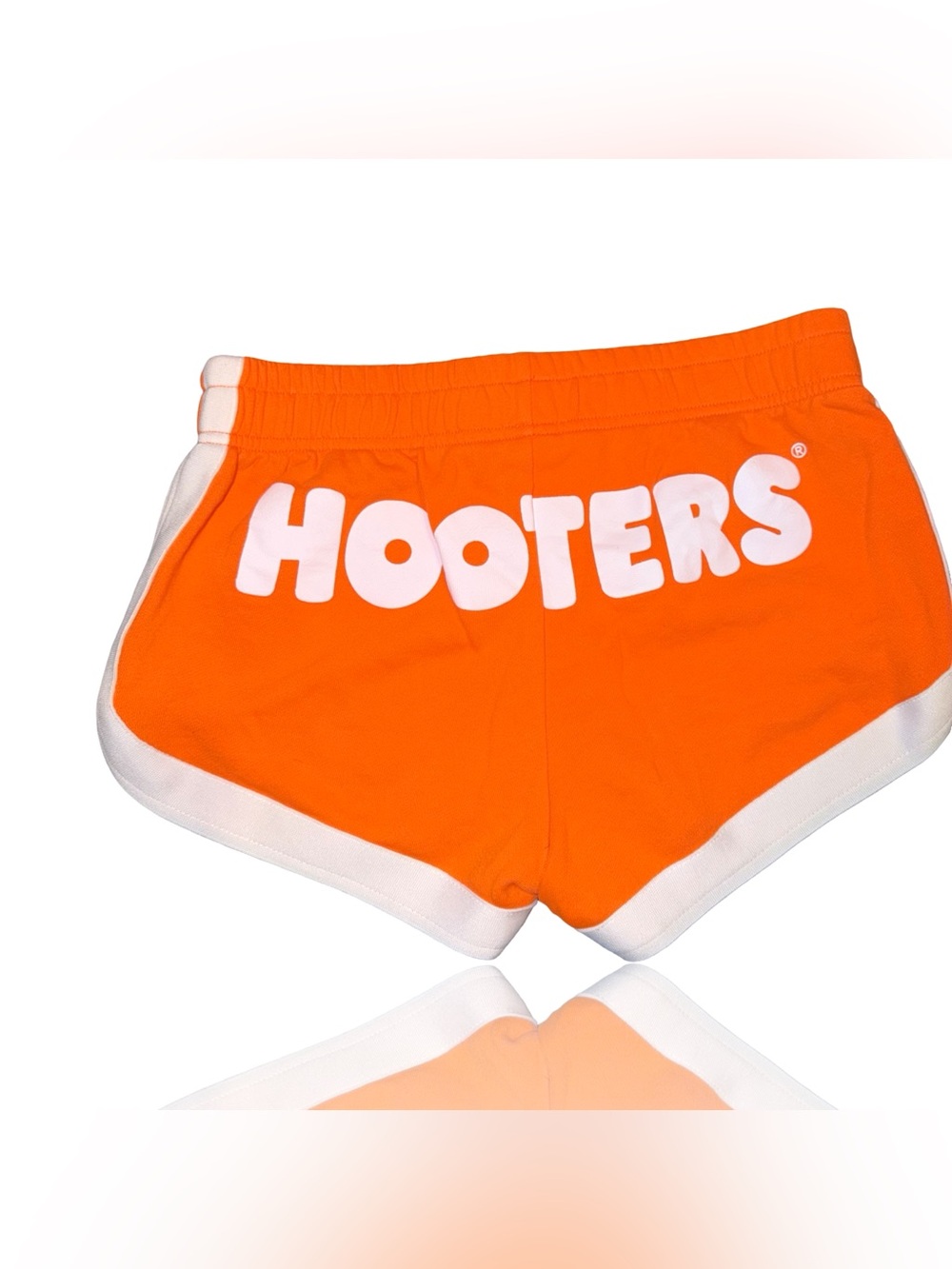 Hooters Booty Shorts Womens L Orange Owl Logo White Trim Stretch Pull On